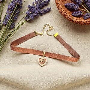 Brown Velvet Heart Choker Necklace with Pink Bow Charm Gold Tone Cottagecore